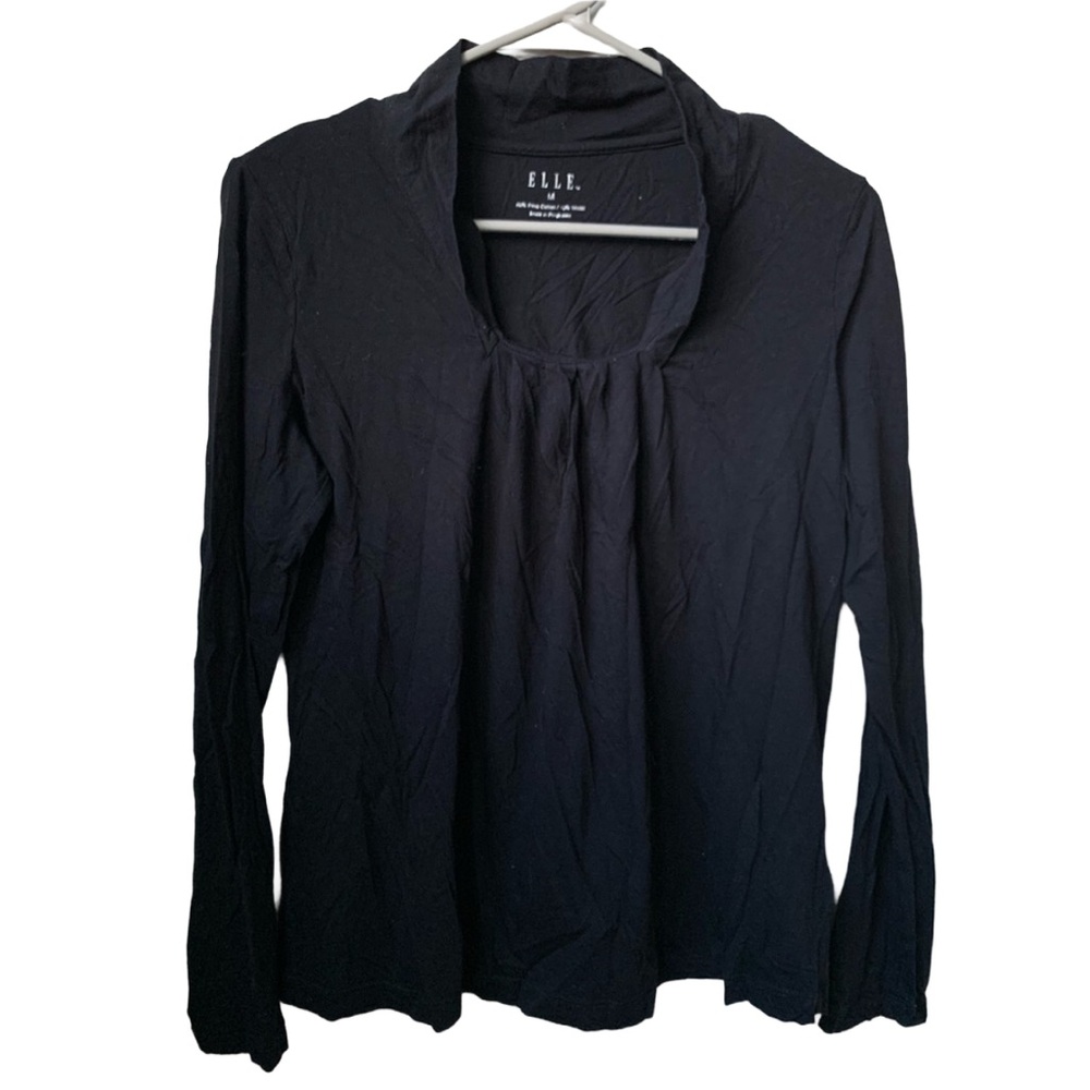 ELLE Women’s Black Pima Cotton Modal Long Sleeve Pleated Rounded V-Neck Blouse